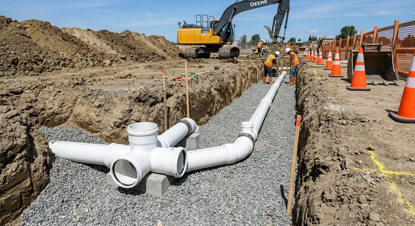 New PVC sewer pipe installation in open trench for Grease Trap Cleaning in Hobbs