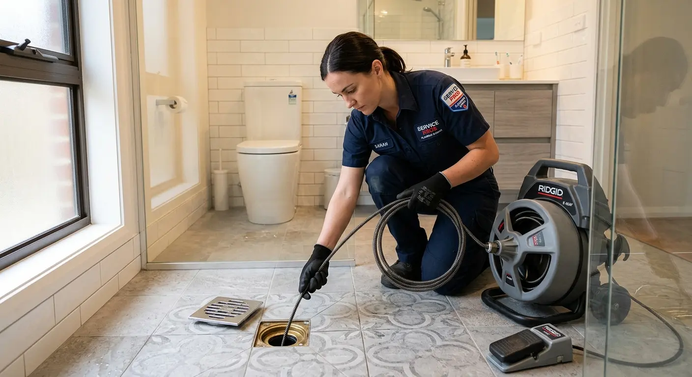 Technician clearing a bathroom floor drain for Sewer Line Replacement in Hobbs